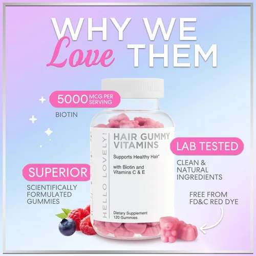 Miniatura 6 de Hello Lovely - Gomitas de vitaminas para el cabello con biotina, 5000 mcg de vitaminas E y C que apoyan el crecimiento del cabello, vegetariano