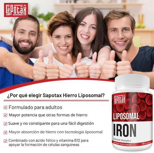 Miniatura 7 de Suplemento liposomal de hierro Fe para mujeres, suplemento de hierro de 65 mg con ácido fólico y vitamina B12 para hombres, apoyo diario de sangre