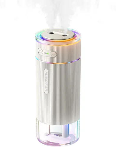 WSKEN Humidificador pequeño portátil para dormitorio, boquilla doble, niebla fría grande, iluminación ambiental, encendido y apagado inteligente