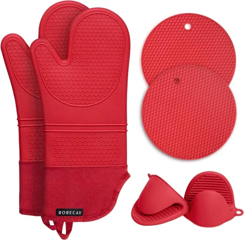 Miniatura 16 de Rorecay Juego de 6 guantes de horno y soportes para ollas para cocina, guantes de horno extralargos de silicona, resistentes al calor, 500 grados