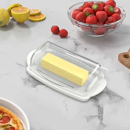 Miniatura 2 de Plato de Mantequilla con Tapa y Cuchillo, Platos de Mantequilla Grandes de Plástico con Tapa de Bisagra Transparente y Fácil de Voltear, Fondo