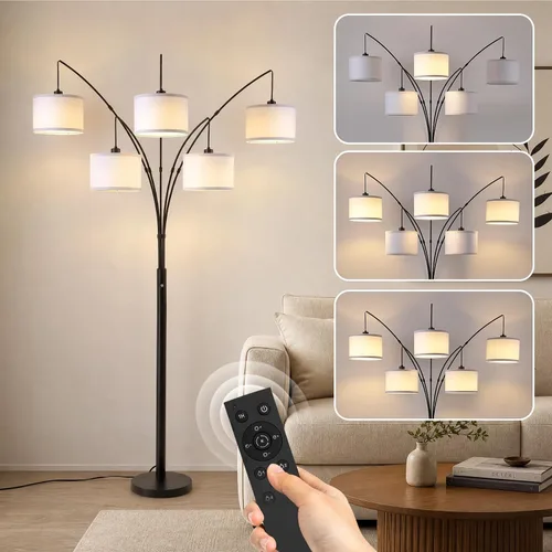 Miniatura 14 de Lámpara de pie con control remoto, lámparas de pie de arco de 3 luces para sala de estar, lámparas de pie altas de 2400 lm con pantallas blancas