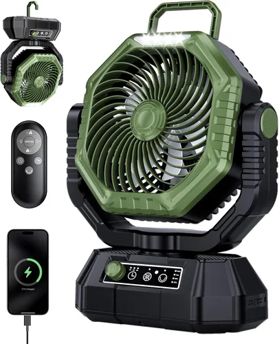 AJVV Ventilador de campamento, batería oscilante, portátil, recargable, con luz y control remoto para campamento, al aire libre, corte de energía de