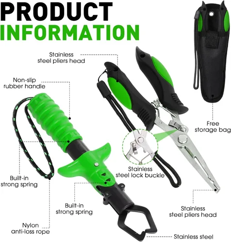 Miniatura 4 de RoundFunny Kit de herramientas de pesca de 10 piezas, alicates de pesca con cordón y fundas protectoras, salabre, cuchillo de filete, balanza