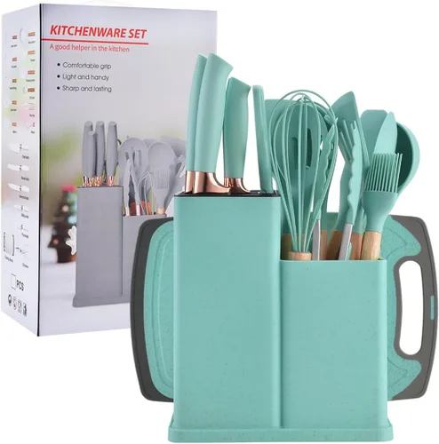 Miniatura 10 de Juego de utensilios de cocina y cuchillos de 19 piezas con bloque, 9 piezas de utensilios de cocina de silicona, 5 piezas afiladas de acero Beige