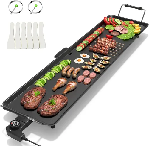 Miniatura 10 de COSTWAY Plancha Eléctrica de 39.5", Parrilla Teppanyaki Extragrande con 2 Superficies Antiadherentes, Temperatura Ajustable, Asas Aisladas y Bandeja