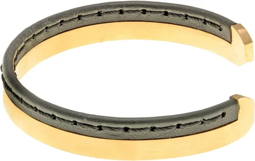 Miniatura 2 de Metro Jewelry Brazalete abierto de acero inoxidable dorado y cuero genuino cosido para hombre, 0.394 in, 8.5 pulgadas de largo, Metal, No es una