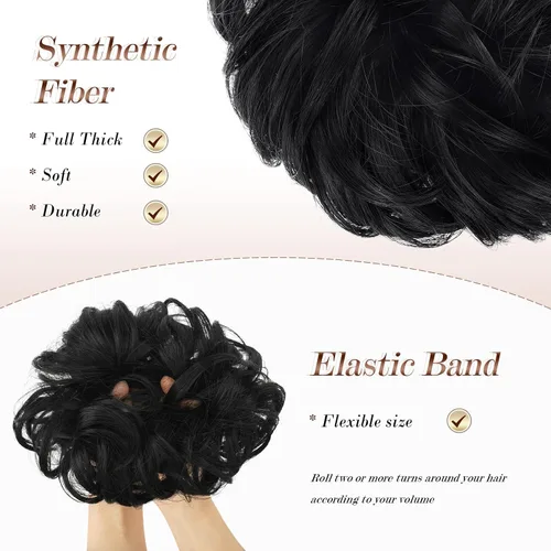Miniatura 4 de FESHFEN Pieza de Cabello Grande de Moño Desordenado de Fibra Sintética Negro Azabache, 1.94 oz