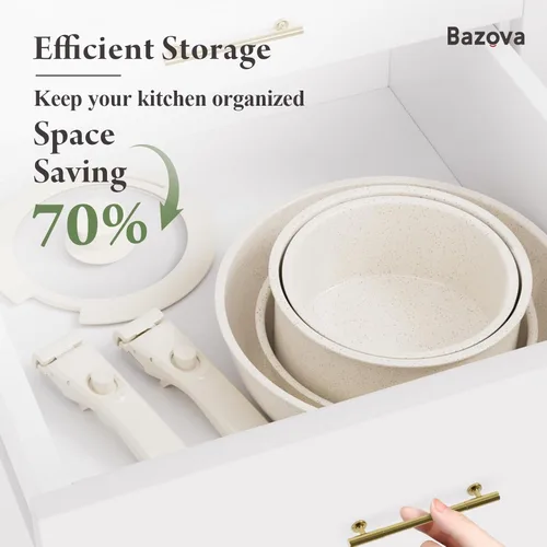 Miniatura 8 de Bazova Juego de utensilios de cocina antiadherentes de cerámica, saludable, no tóxico, juego de ollas y sartenes de 17 piezas, asas extraíbles