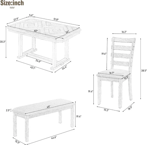 Miniatura 4 de Juego de mesa de comedor de madera de goma de 6 piezas con patrón de grano de madera y cojín suave, mesa de comedor rectangular con 4 sillas