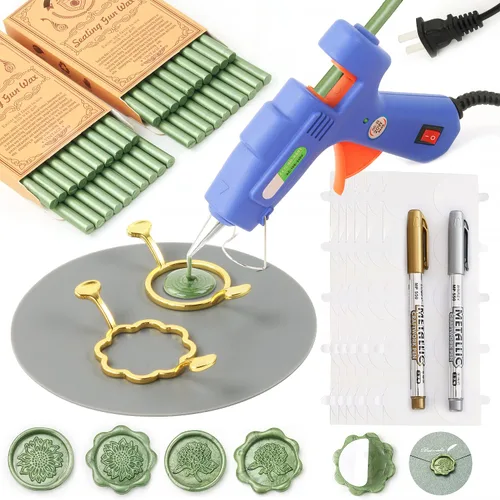 Miniatura 13 de Juego de sellos de cera, 40 varillas de cera de sellado de bronce con pistola de pegamento, moldes de sellado de cera, alfombrilla de silicona