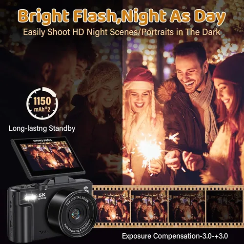 Miniatura 4 de Cámara digital 5K, cámaras WiFi para fotografía, cámaras de vlogging UHD de 75 MP para YouTube, cámara de video de enfoque automático con pantalla