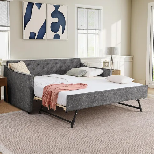 Miniatura 11 de Antetek Sofá cama con cama nido, tapizado en tela, tamaño twin, sofá cama diurno con punto de tracción, marco de sofá cama con cama nido twin