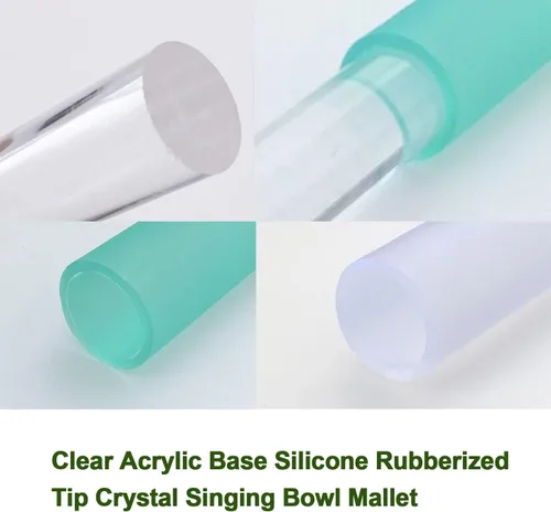Miniatura 5 de Cuenco de canto, base acrílica transparente, mazo de goma para tocar con cristal de cuarzo y bolsillo (verde)
