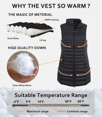 Miniatura 3 de ELFJOY Chaleco de plumón medio largo para mujer, chaleco ligero acolchado, chaqueta elegante rompevientos, Blanco