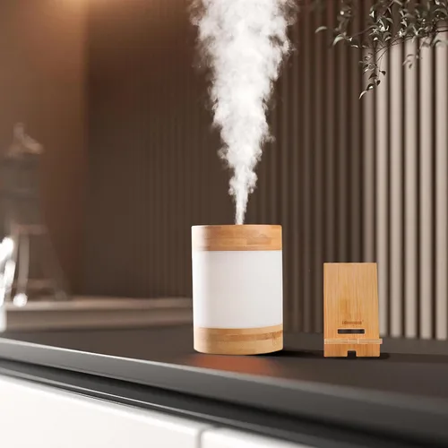 Miniatura 8 de Mini humidificador ultrasónico de bambú, humidificador de escritorio silencioso de 14.1 onzas líquidas con luz nocturna LED dual, alimentado por