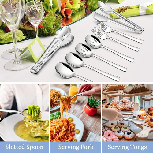 Miniatura 5 de LIANYU Juego de 8 utensilios de servir, cucharas de servir de acero inoxidable, cucharas ranuradas, tenedores, pinzas de metal para cocina, bufé