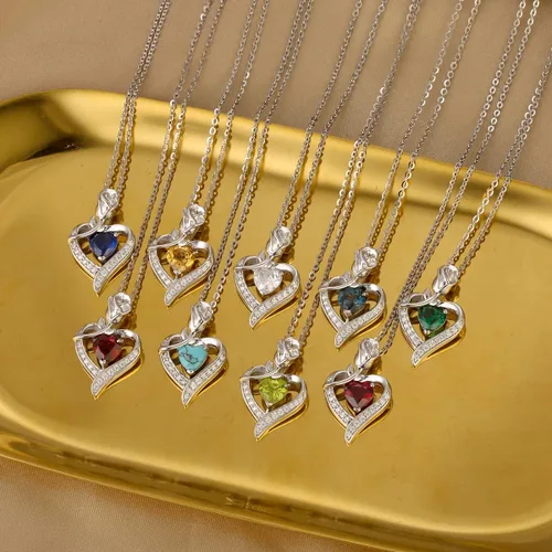 Miniatura 4 de Collares con dije de piedra de nacimiento, de plata de ley auténtica natural o creada con piedras preciosas, con dije de rosas y corazón