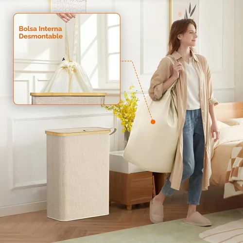 Miniatura 4 de Lifewit Cesta de lavandería delgada de 65 litros con tapa, cesta estrecha para la ropa sucia con bolsa extraíble y asas de bambú, canasta plegable