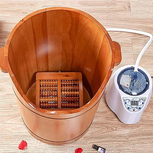 Miniatura 3 de HM&DX Bañera de madera de goma para remojar los pies,Cubo de baño de pies con máquina de vapor y taburete de masaje,Bañera de madera premium