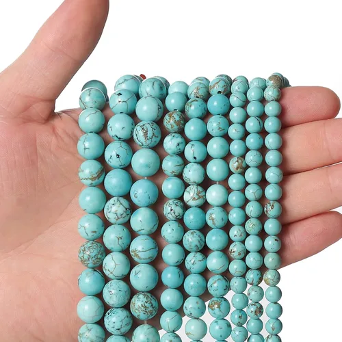Miniatura 28 de 60 piezas de cuentas de piedra natural de 15⁄64 pulgadas (6 mm) con cuentas de apatita azul que es una piedra para sanación de la energía. Piedras