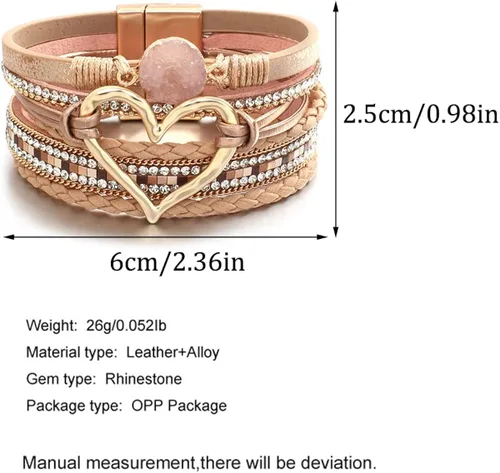Miniatura 3 de Caiyao Pulsera de cuero para mujer, pulsera de cuentas con decoración en forma de corazón, pulsera de cristal bohemio con cierre magnético, pulsera