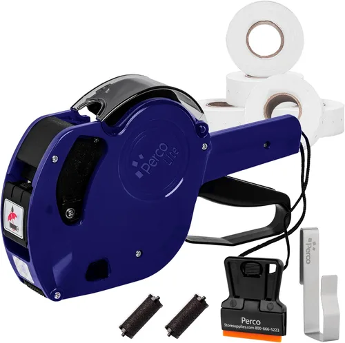 Perco Lite 1 Kit de pistola de fecha de línea para negocios minoristas - Incluye 5 rollos blancos, clip de pistola y rodillos de tinta - precargadas