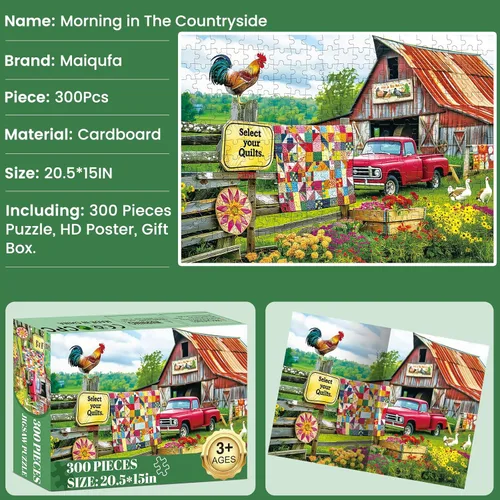 Miniatura 6 de Rompecabezas de 300 piezas para adultos, divertido rompecabezas de granja de vida campestre, rompecabezas de animales de cartón reciclado
