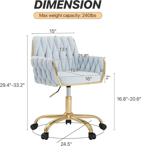 Miniatura 3 de Silla de Tocador Moderna de Terciopelo para Oficina en Casa, Silla de Escritorio de Maquillaje Giratoria de 360° con Altura Ajustable con Base