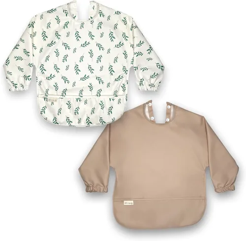 Baberos de manga larga para bebé, delantal de alimentación para bebé, impermeable, portátil, de manga completa Hoja y beige