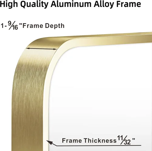 Miniatura 3 de Espejo de oro francés cepillado de 20 x 30 pulgadas para pared, espejo rectangular redondeado dorado con marco de metal para colgar para baño