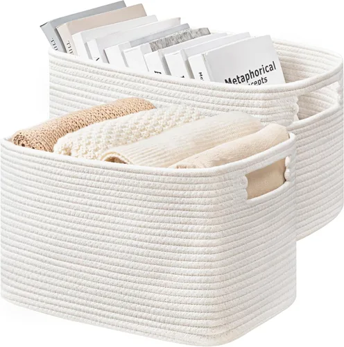 Miniatura 12 de UBBCARE Paquete de 2 cestas de almacenamiento para organizar, cestas de estante con asas, cestas de almacenamiento tejidas para estantería/estante