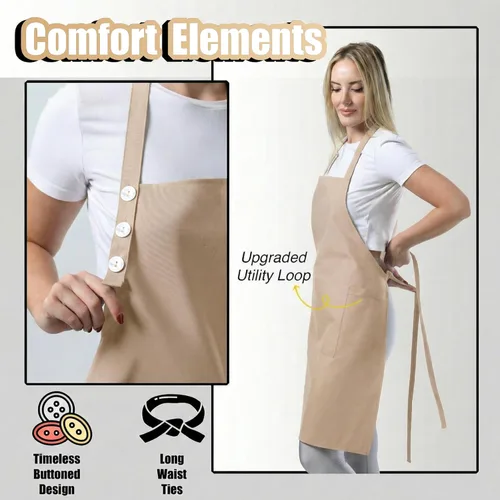 Miniatura 6 de TOSHE Delantal de cocina de algodón resistente a las gotas de agua con delantal ajustable para mujer con bolsillos, 10 opciones de color, delantal