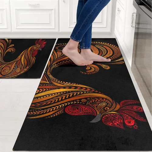 Miniatura 2 de Juego de 2 alfombras y tapetes de cocina de gallo para piso, alfombra de cocina de gallo de granja, tapete de cocina de pollo negro frente al