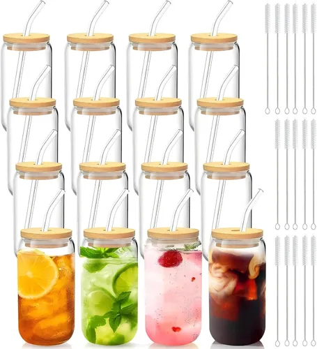 Miniatura 11 de Vasos de vidrio con tapas y pajitas, 1 paquete, tazas de café de vidrio, taza de vidrio con tapa para café helado, batido, cóctel, cerveza, whisky