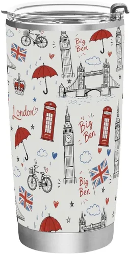 Miniatura 16 de ALAZA Taza aislada de viaje con tapa y pajilla, con diseño de bandera británica de Inglaterra, con tapa y pajilla, botella de agua al vacío de doble