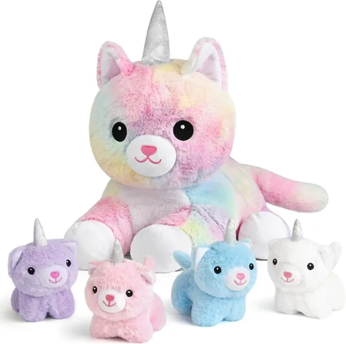 KMUYSL Juguetes para edades 0 1 2 3 4 5 6 7 8+ años - Animal de peluche mamá con 4 bebés en su barriga, juego de juguetes de peluche suave, regalos