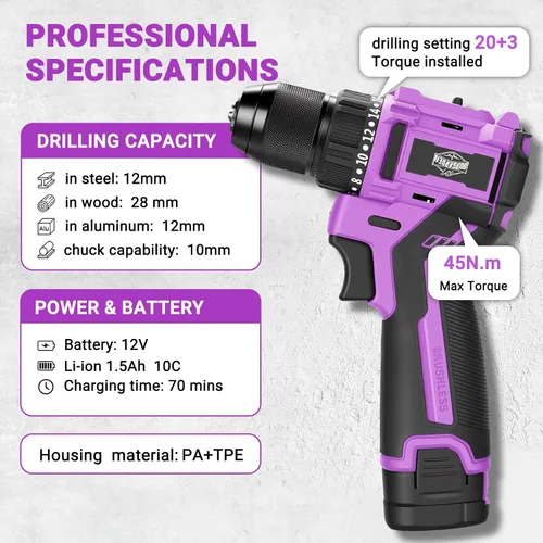 Miniatura 2 de Juego de taladro inalámbrico sin escobillas morado, kit de controlador compacto de 12 V con motor eléctrico, ajuste de par, 50 N.m, 2 velocidades