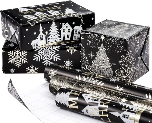 Miniatura 2 de RUSPEPA Juego de papel de regalo de Navidad negro y dorado, mini rollo, papel de regalo navideño con lámina dorada con árbol, copo de nieve y diseño