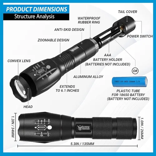 Miniatura 2 de FREEZE2TRIM Linterna Vital Tac, Elite Tac Linterna Modelo 2026 Vitaltac Militar Táctica USA Batería LED Alta Lúmenes Grado Militar 2000 Lúmenes 5