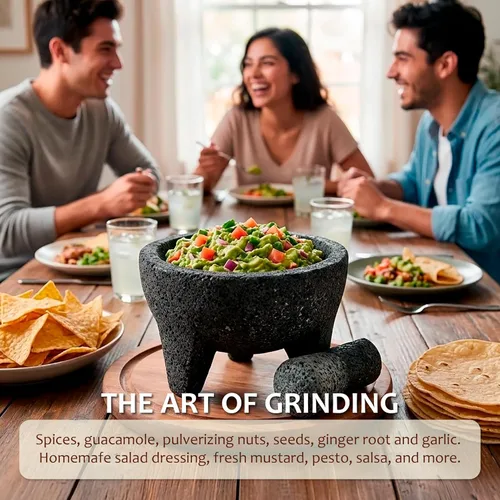 Miniatura 7 de Molcajete de 7 pulgadas mexicano, hecho a mano con piedra volcánica natural, utensilio de cocina artesanal para moler con poros para triturar