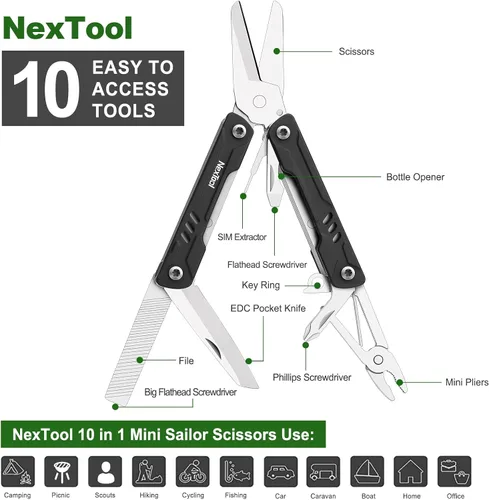 Miniatura 7 de NexTool Llavero multiherramienta, mini tijeras de marinero, mini multiherramienta 10 en 1 con cuchillo de bolsillo EDC, mini alicates, abrebotellas