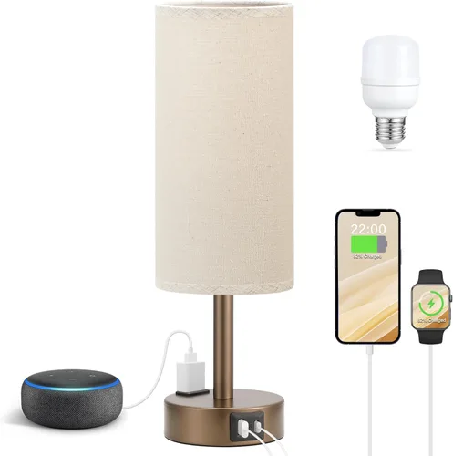 Miniatura 12 de Fenmzee Juego de lámparas de mesa pequeñas táctiles regulables de 2 a 3 vías, carga USB A + C, salida de CA, base de grano de madera, bombillas