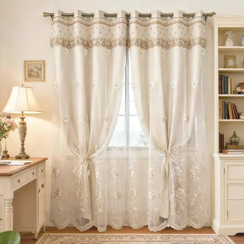 Amidoudou 1 par de cortinas europeas de doble capa para sala de estar, dormitorio, cortinas bordadas de flores de lujo con cenefa (beige, 52 x 84
