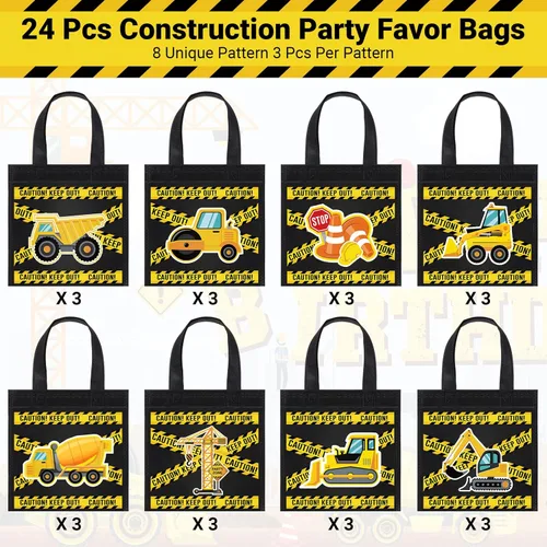 Miniatura 3 de Photect 24 piezas de bolsas de regalo con temática de construcción, camión volquete no tejido con asas, excavadora, tractor, caramelo, paquete