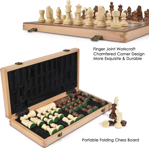 Miniatura 5 de AMEROUS Juego de ajedrez y damas de madera de 15 pulgadas con piezas de ajedrez ponderadas mejoradas - 2 reinas extra - 24 piezas de damas