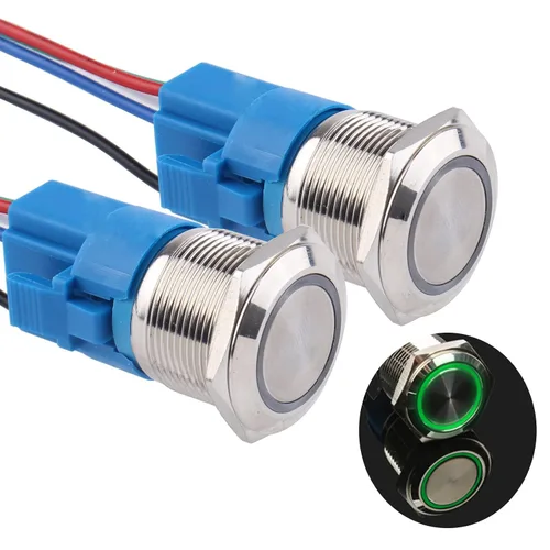 Miniatura 17 de Paquete de 2 interruptores de botón momentáneos de 0.63 pulgadas, 12 V-24 V, LED, impermeable, de metal, 1 NO 1 NC, con enchufe de cable