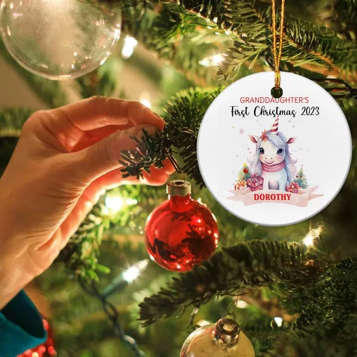 Miniatura 5 de Adorno personalizado de primera Navidad para nieta 2023, adorno de unicornio, personalizado para bebé, regalos de nieta, recuerdo de bebé