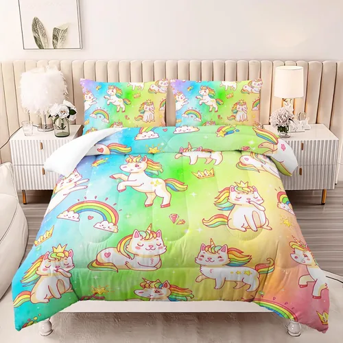 Miniatura 10 de AILONEN Juego de ropa de cama con estampado de gato en acuarela, tamaño individual con gatos y huellas para niños y niñas, juego de edredón suave
