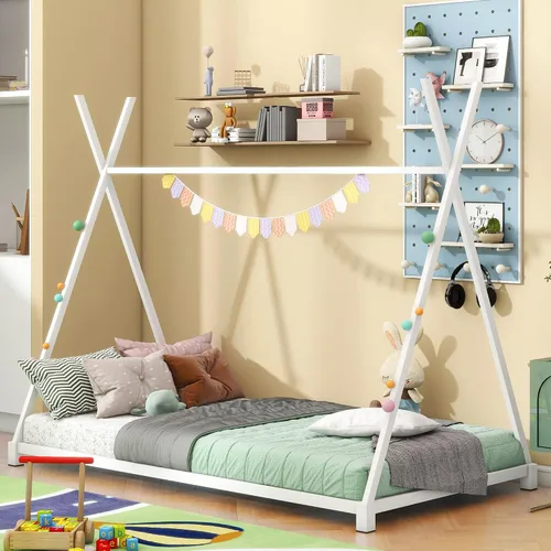 Miniatura 9 de SOFTSEA Cama de casa con marco de cama de piso doble con estructura triangular Blanco